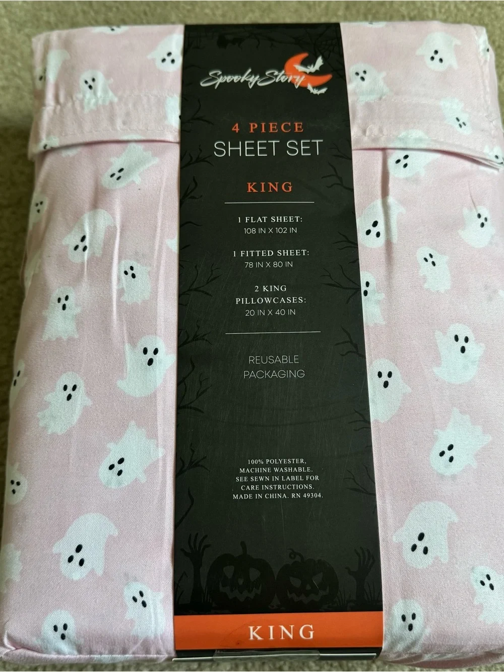 Spooky Story King 4-Piece Bed Sheet Set Pink Ghost Halloween Print New Bedding